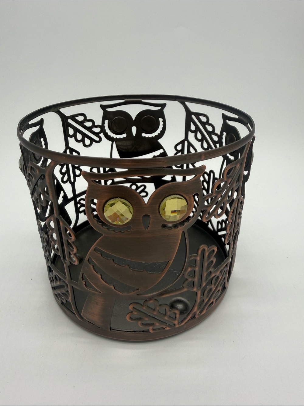 Bath & Body Works Owl Leaves Bronze Metal 3-Wick Candle Holder Sleeve Fall Gem
